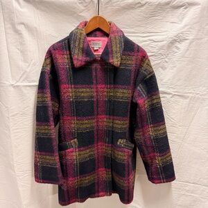 Bernardo Plaid Notch Lapel Coat Navy Pink Camel Size Small